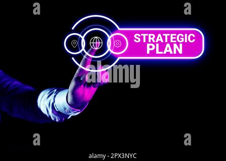 Scrittura visualizzazione testo piano strategico, approccio aziendale Un processo di definizione della strategia e di prendere decisioni Foto Stock