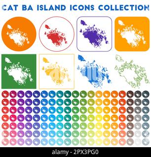 Collezione di icone di Cat Ba Island. Icone luminose colorate e alla moda. Moderno distintivo Cat Ba Island. Illustrazione vettoriale. Illustrazione Vettoriale