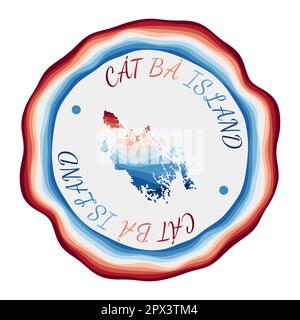 Badge Cat Ba Island. Mappa dell'isola con belle onde geometriche e vivace cornice blu rosso. Vivace logo Cat Ba rotondo. Illustrazione vettoriale. Illustrazione Vettoriale