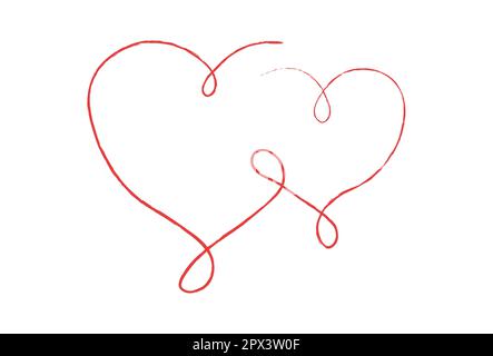 Linee sottili rosse due cuori d'amore su sfondo bianco - illustrazione vettoriale Foto Stock