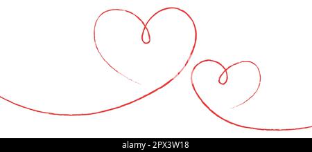 Linee sottili rosse due cuori d'amore su sfondo bianco - illustrazione vettoriale Foto Stock