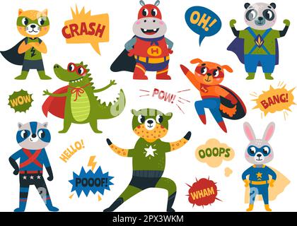 Adesivi supereroi di Cartoon Animals. Baby animale eroe con super potere, carino selvaggio forte superman. Clipart vettoriale di classe delle creature volanti Illustrazione Vettoriale