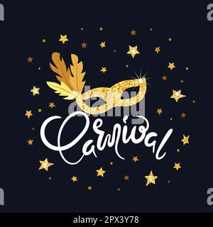 Poster vettoriale di Carnevale con maschera dorata e stelle. Festival design. Illustrazione Vettoriale