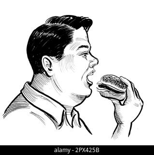 Uomo grasso che mangia hamburger. Immagine in bianco e nero disegnata a mano su carta Foto Stock