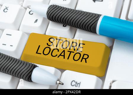 Didascalia concettuale Store Locator, approccio aziendale per conoscere il numero di contatto dell'indirizzo e gli orari di apertura Foto Stock