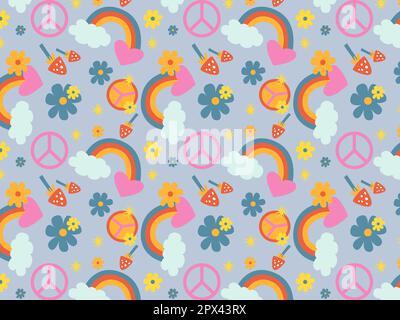 Motivo retrò senza cuciture con elementi groovy. 70s carta da parati hippie. Cartoon funky funghi, fiori, arcobaleno, nube, la pace. Stile hippy vintage. Illustrazione Vettoriale