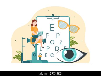Optometrista con oftalmologo Controlla la vista del paziente, il test ottico degli occhi e la tecnologia degli occhiali in Cartoon piano modelli disegnati a mano Illustrazione Foto Stock