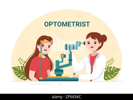 Optometrista con oftalmologo Controlla la vista del paziente, il test ottico degli occhi e la tecnologia degli occhiali in Cartoon piano modelli disegnati a mano Illustrazione Foto Stock