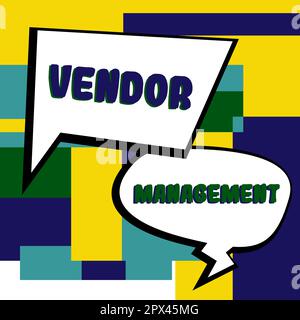 Testo scritto a mano Vendor Management, Word scritto sulle attività incluse nella ricerca e nel reperimento dei fornitori Foto Stock