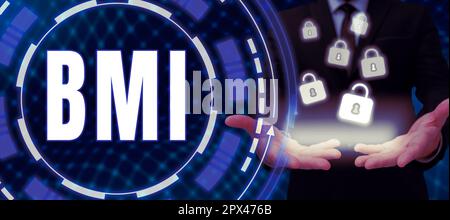 Segno che visualizza BMI, metodo di approccio di affari di stima dei livelli di grasso corporeo basati su peso e altezza Foto Stock