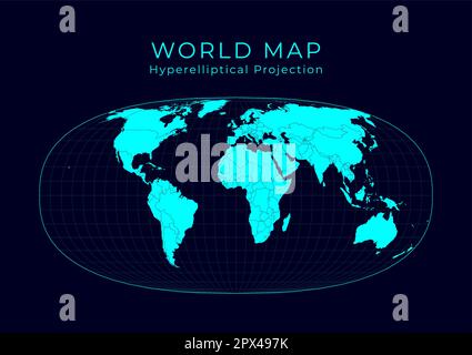 Mappa del mondo. La proiezione iperellittica di Waldo R. Tobler. Illustrazione futuristica del mondo infografica. Colori ciano chiari su sfondo scuro. Beau Illustrazione Vettoriale