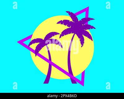 80 palme al tramonto. Ora legale. Sole futuristico retrò. Stile Synthwave e retroonda. Progettazione di opuscoli pubblicitari, banner e poster. VEC Illustrazione Vettoriale
