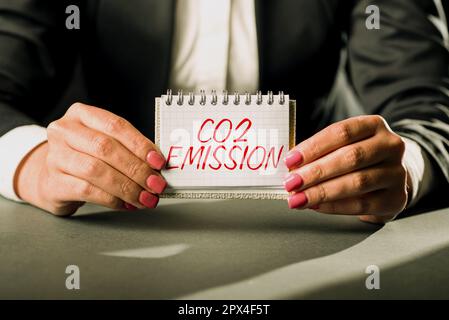 Segnale di testo che mostra l'emissione di CO2, concetto che significa emissione di gas a effetto serra nell'atmosfera nel tempo Foto Stock