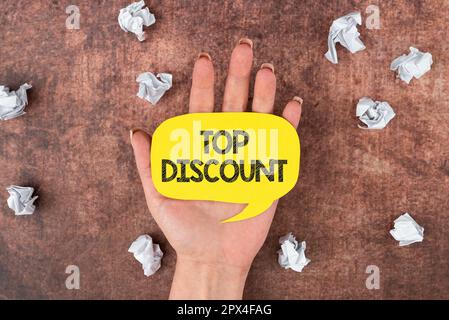 Scrittura che visualizza il testo Sconto superiore, panoramica di affari miglior prezzo garantito Hot ITEMS Crazy sale Promozioni Foto Stock