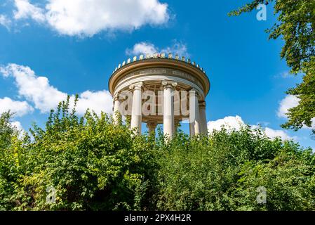 La cupola e le colonne del Tempio di Monopteros nel Giardino Inglese di Monaco dal basso, sotto il cielo blu e la nuvola leggera ricoprono con il fogliame di tre Foto Stock