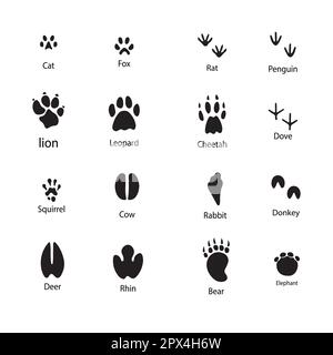 Impronte di animali. La silhouette dei piedi degli animali, l'impronta della rana e gli animali domestici tirano le silhouette. Animali selvatici africani percorso a piedi zampa o footprint trac Illustrazione Vettoriale