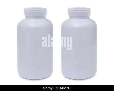 Bottiglia di plastica bianca isolata su sfondo bianco Foto Stock