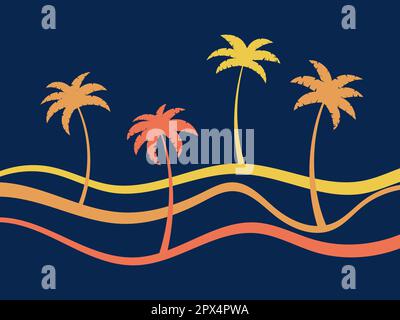 Linea il contorno del paesaggio con palme. Paesaggio dipinto con strisce in stile retrò. Contorno del paesaggio con palme. Design per stampa deco Illustrazione Vettoriale