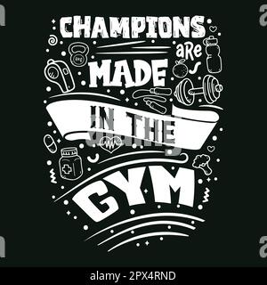 I campioni sono realizzati in palestra con scritte astratte sullo sport e sul fitness per un poster o un disegno stampato. Stile di vita sano. Calligrafia moderna Illustrazione Vettoriale