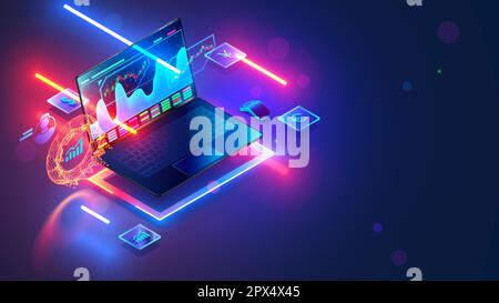 Schermo portatile con grafico di scambio di negoziazione in borsa. Computer portatile isometrico sulla scrivania con interfaccia Web per i servizi finanziari. Tecnologia aziendale FinTech Illustrazione Vettoriale