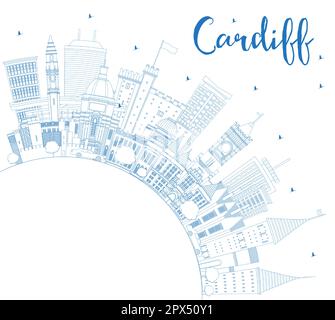 Delineate lo skyline di Cardiff Wales con edifici blu e Copy Space. Illustrazione vettoriale. Cardiff Regno Unito paesaggio urbano con punti di riferimento. Illustrazione Vettoriale