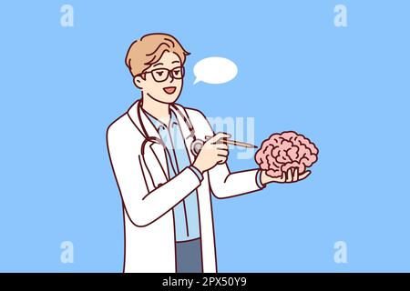 Il medico tiene il cervello in mano spiegando il lavoro dei neuroni agli studenti del college medico o dell'università. Concetto di studio del cervello umano per trovare la possibilità di trattare la malattia di alzheimer o la demenza Illustrazione Vettoriale