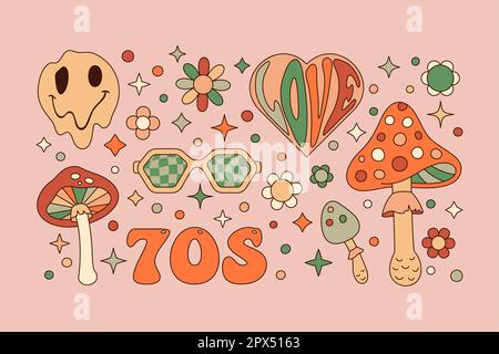 Elementi groovy Set in retro Hippie Style 70s . Adesivi vettoriali geometrici astratti: Fiore, fusione del volto sorridente, funghi, cuore Amore e vetro da sole. Illustrazione Vettoriale
