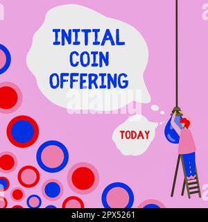 Segno che mostra l'offerta iniziale di moneta, il concetto di affari è un tipo di finanziamento della folla che usa le valute cripto Foto Stock