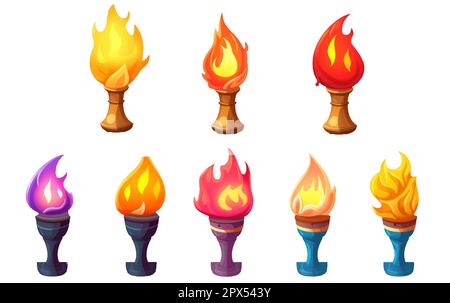 ui imposta illustrazione vettoriale di torce con fuoco isolato su sfondo bianco Illustrazione Vettoriale