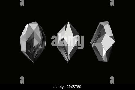 Cristalli lucidi di vetro con diverse sfumature che riflettono la luce.Una collezione di immagini di diamanti neri di varie forme geometriche e dimensioni.Vector realistico set di pietra incandescente o ghiaccio colorato. Illustrazione Vettoriale