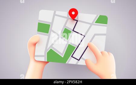 Carino 3D mani tenendo la mappa. Concetto di navigazione. Illustrazione vettoriale Illustrazione Vettoriale