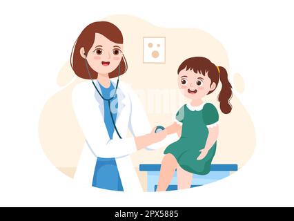 Pediatra esamina i bambini malati e il bambino per lo sviluppo medico, la vaccinazione e il trattamento in Cartoon piano modelli disegnati a mano Illustrazione Foto Stock