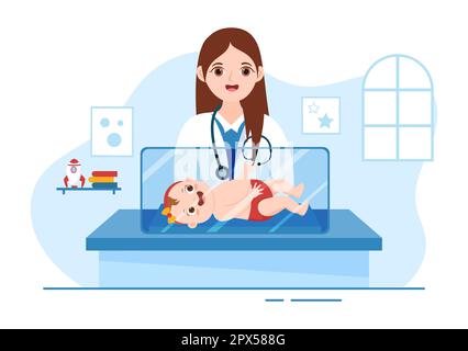 Pediatra esamina i bambini malati e il bambino per lo sviluppo medico, la vaccinazione e il trattamento in Cartoon piano modelli disegnati a mano Illustrazione Foto Stock