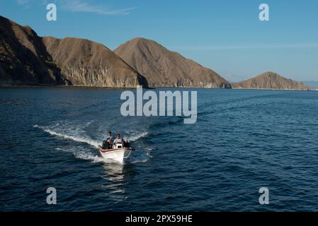 Tender barca vicino costa e collina, vicino a Padar Island, Sud Komodo, Parco Nazionale di Komodo, Indonesia Foto Stock