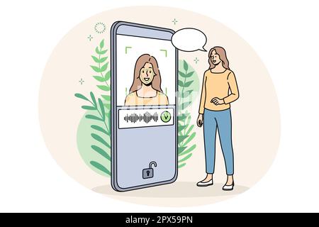 Donna sorridente sblocca il telefono cellulare con Face ID. L'utente di smartphone femminile può accedere ai dati con il controllo biometrico. Concetto di identificazione e verifica. Illustrazione vettoriale. Illustrazione Vettoriale