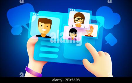 Le 3D mani carine stanno tenendo il tablet con la videochiamata. Concetto di comunicazione. Illustrazione vettoriale Illustrazione Vettoriale