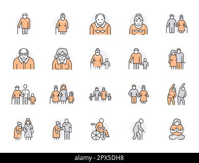 Set di icone linea piatta cura persone anziane. Coppia anziana, casa di cura, buon vecchio uomo esercizio, supporto paziente illustrazioni vettoriali. Delineare i segni Illustrazione Vettoriale