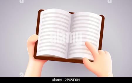 Carino 3D mani tenendo libro. Concetto di lettura. Illustrazione vettoriale Illustrazione Vettoriale