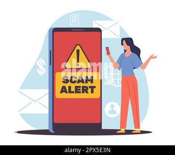 Avviso di truffa, messaggio del telefono cellulare. Ampio schermo dello smartphone, chiamate persistenti o hacking del software. Protezione della rete, attacco di hacker, stile cartoon flat Illustrazione Vettoriale