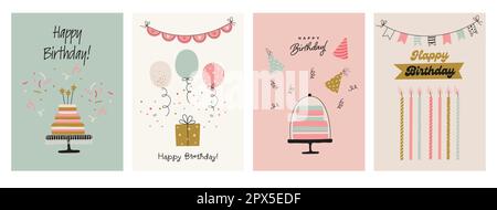 Biglietti di auguri e modelli di invito per il buon compleanno. Illustrazione vettoriale in stile semplice disegnato a mano Illustrazione Vettoriale