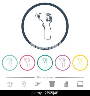 Termometro senza contatto con icone piatte di colore a contorni rotondi. 6 icone bonus incluse. Illustrazione Vettoriale