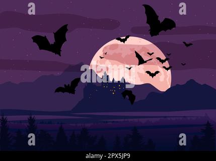 Banner di Halloween, gregge di pipistrelli, vampiri castello Illustrazione Vettoriale