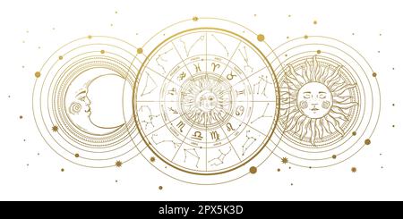 Ruota zodiacale con 12 segni e costellazioni, bandiera oroscopo vintage con sole dorato e luna isolata su sfondo bianco, astrologia. Disegno a mano v Illustrazione Vettoriale