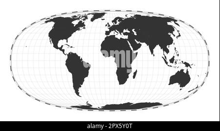 Mappa del mondo vettoriale. La proiezione iperellittica di Waldo R. Tobler. Mappa geografica del mondo con linee di latitudine e longitudine. Centrato a 0deg longi Illustrazione Vettoriale