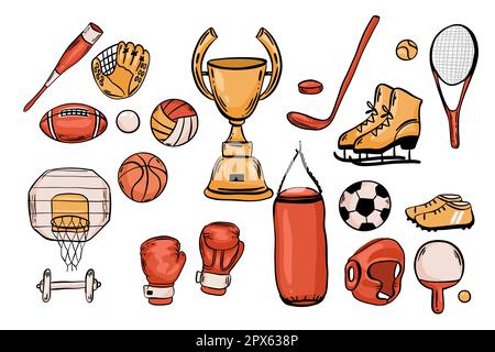Attrezzatura sportiva. Icone vettoriali Set di inventario sportivo con palline per pallavolo, baseball, calcio e tennis, golf ball, biliardo, racket, bowli Illustrazione Vettoriale