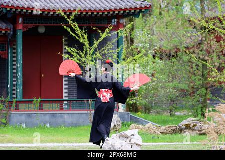 Ragazza in un abito asiatico tradizionale ballare in giardino con i tifosi in mano. Bellezza e cultura asiatica Foto Stock