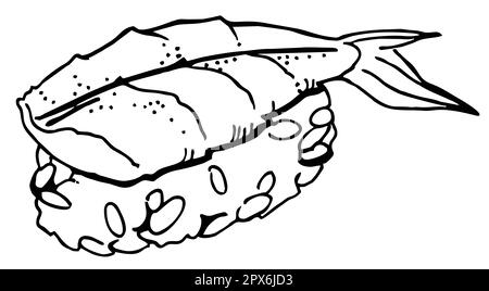 disegno a mano linea arte vettore illustrazione schizzo cibo giapponese sushi riso, pesce, gamberi, gamberi Foto Stock