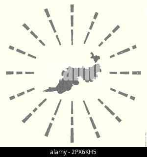 Logo Guana Island. Cartellone di grunge sunburst con mappa dei bordi. Forma dell'isola di Guana piena di cifre esadecimali con raggi di sole intorno. Bel vettore il Illustrazione Vettoriale