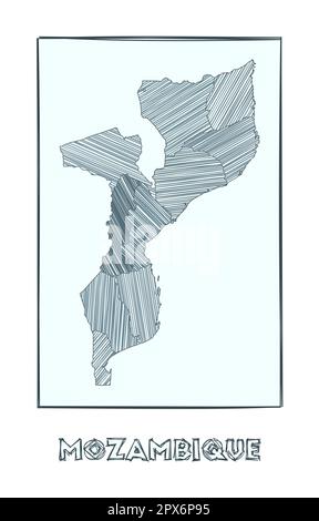 Mappa del Mozambico. Mappa del paese disegnata a mano in scala di grigi. Regioni piene con strisce di acconciatura. Illustrazione vettoriale. Illustrazione Vettoriale