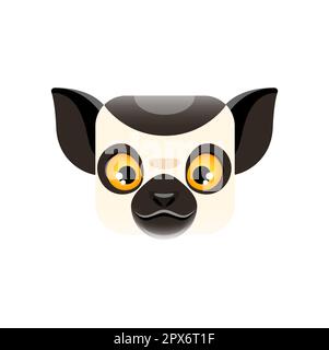 Cartoon lemur kawaii faccia quadrata animale. Isolato vettore Madagascar giungla carattere muso con grandi occhi gialli, divertente ritratto esotico lemur. Ma app Illustrazione Vettoriale